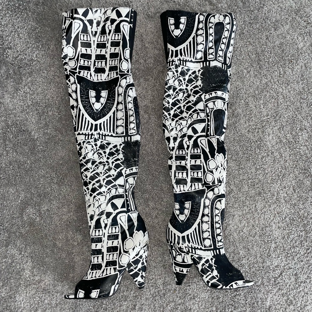 Black & White Thigh High Peep Toe Boots